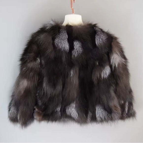 Elegant Gray & Brown Colored 
Real Fox Fur Jacket - Picture 6 of 8